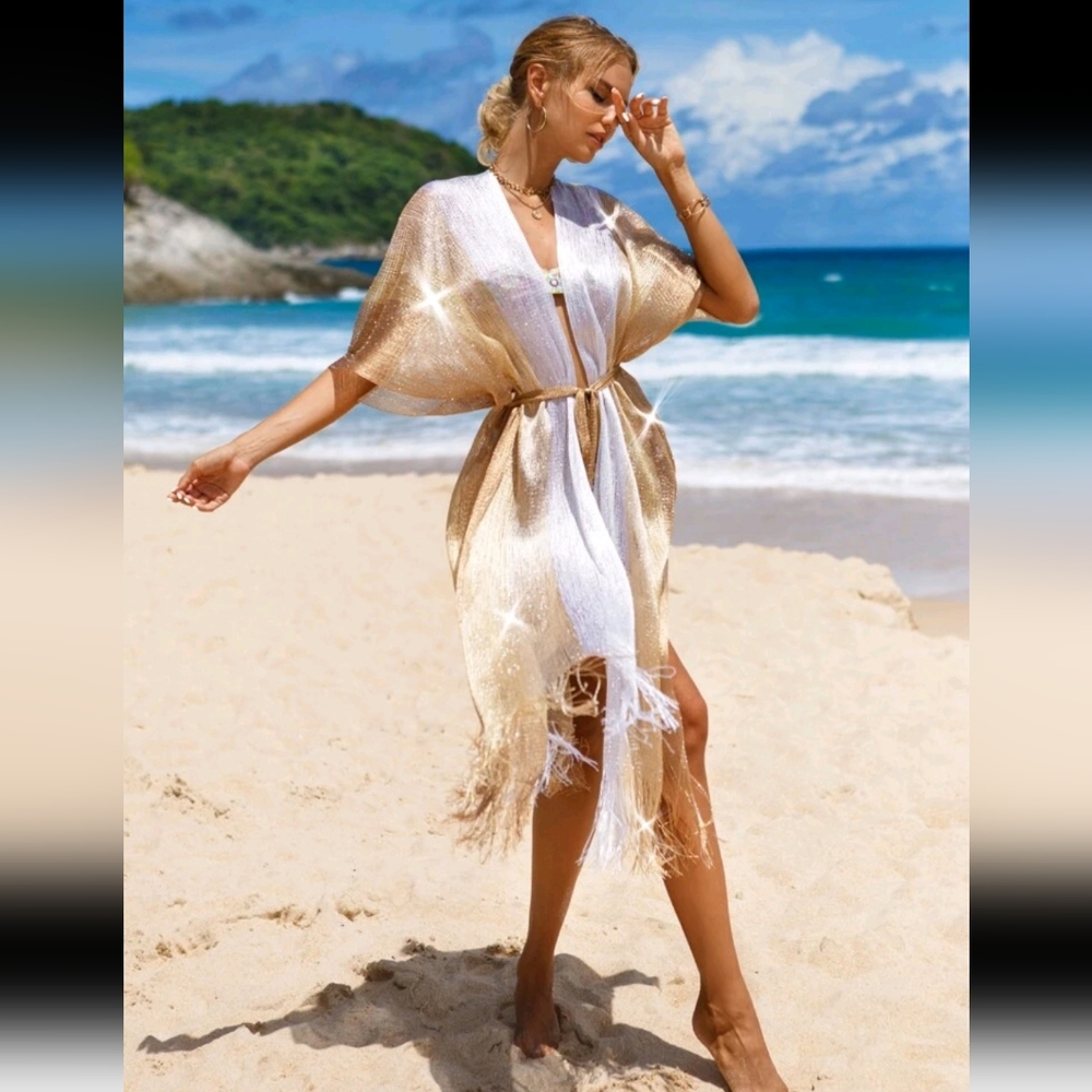 Long fringe beach coverup/kimono